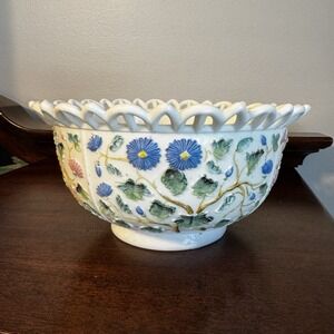 8" Antique Challinor Taylor Tree of Life milk glass lace edge floral bowl EAPG